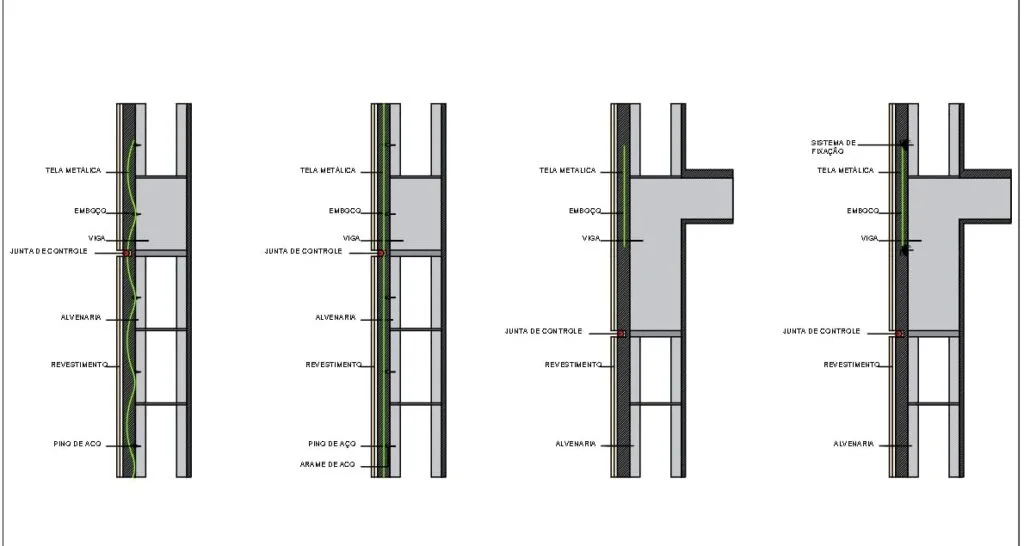 Detalhes construtivos de projeto de revestimento com juntas de controle, tela metálica e fixação em alvenaria e estrutura.